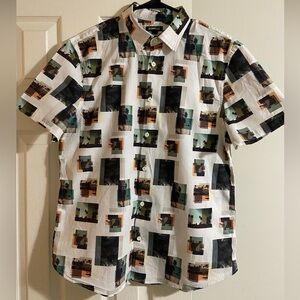 Express Men’s Graphic Collage Short-Sleeve Button-Up Shirt – Size Large